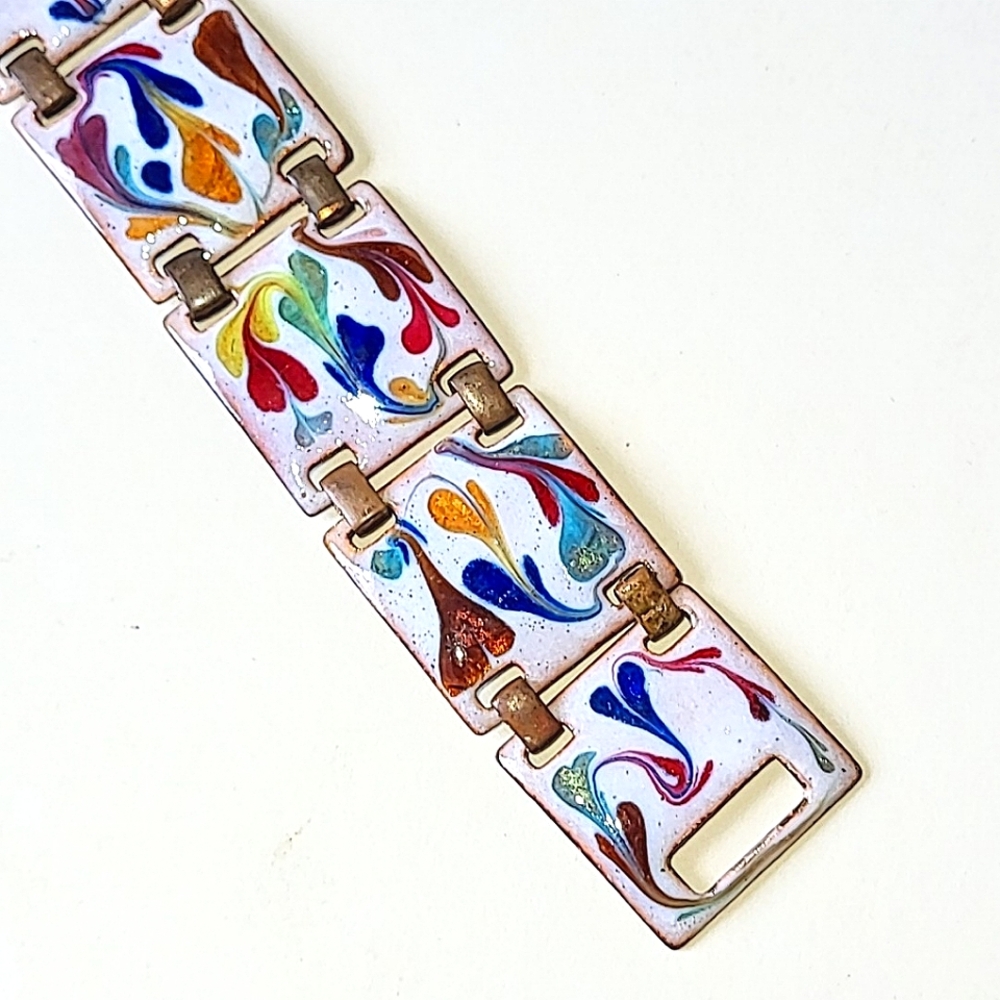 ENAMELED COPPER LINK BRACELET - VINTAGE but VERY SHORT 5 3/4" LENGTH - Picture 1 of 7